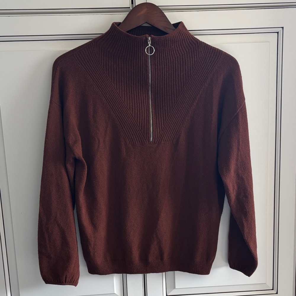 The Reset R/Label Wool Cashmere Ribbed 1/4 Zip Pullover Sweater Brown Womens XS